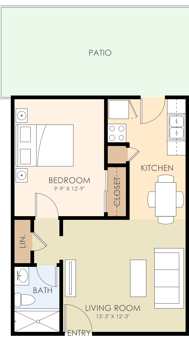 Floor plan for 1 bed, 1 bath, 590 sqft